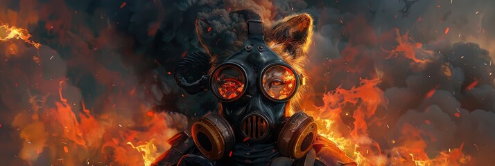 Post-apocalyptic fire background with animal in gas mask - A fierce post-apocalyptic digital art scene with a wolf in a detailed gas mask set against raging fire and smoke