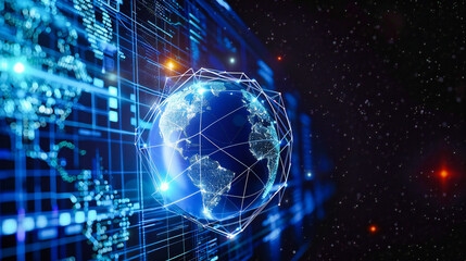 Obraz premium Worldwide Network: A Vision of Global Connectivity and Information Flow Across a Blue Digital Earth