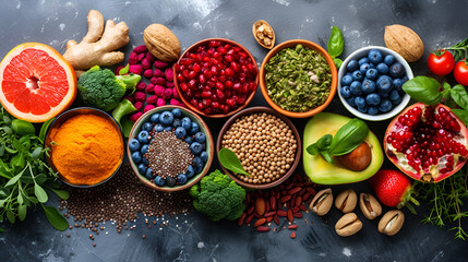 Health food for fitness concept with fruit, vegetables, pulses, herbs, spices, nuts, grains and pulses. generative ai