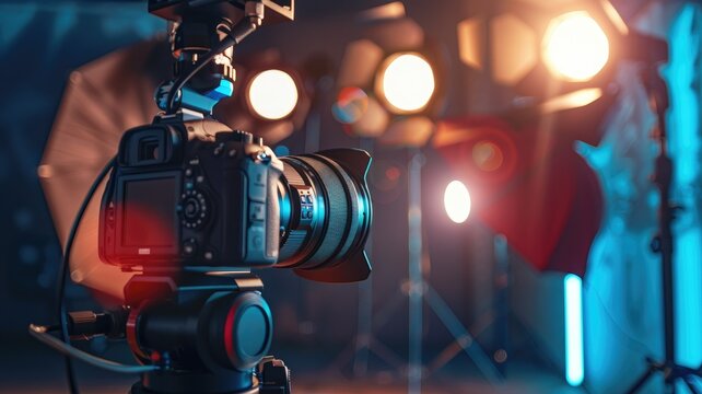 Professional camera setup in a studio - Image depicting a professional camera on a tripod with lighting equipment, capturing the essence of studio photography