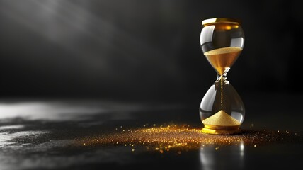 An elegant hourglass with golden sand on a dark backdrop, symbolizing the passage of time