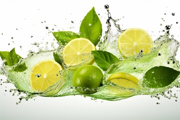 Fresh fruit green lemon juice or cocktail drinks, summer beverage concept with ice water drops splashing background
