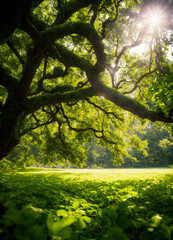 Fototapeta premium sun rays through the trees in the park. Selective focus.