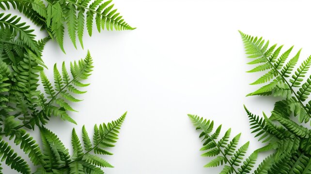 Lush green fern leaves framing a white background with copy space