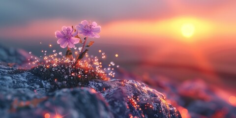 beautiful small flowers in the sunlight at the sunset in the tall mountains