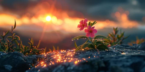  beautiful small flowers in the sunlight at the sunset in the tall mountains © Ivana