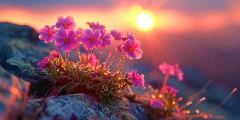 Zelfklevend Fotobehang beautiful small flowers in the sunlight at the sunset in the tall mountains © Ivana
