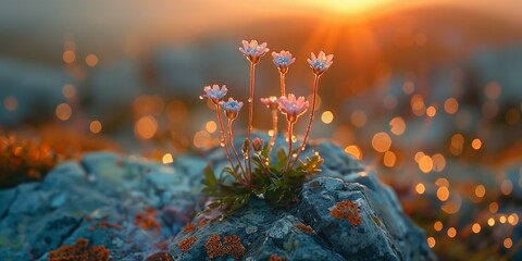 beautiful small flowers in the sunlight at the sunset in the tall mountains