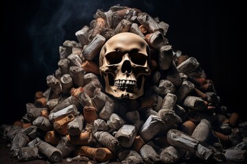 World No Tobacco Day. Anatomical skull on pile of cigarette butts on dark background. Healthcare and antismoking concept with copy space. Selective focus. Isolated on black background.