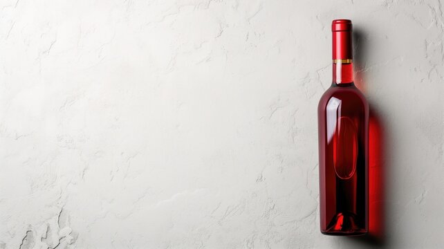 A sleek red wine bottle against a textured white background with ample copy space