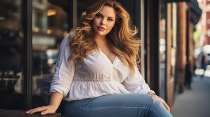 BBW big beautiful model sitting at street cafe