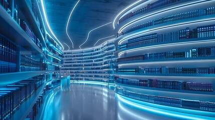 Futuristic Library Illuminated by Blue Light
