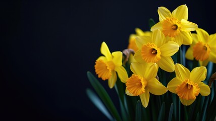 Obraz na płótnie Canvas Bright yellow daffodils on a dark background, a sign of spring's arrival