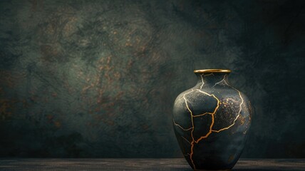 An elegant black vase with gold kintsugi repair