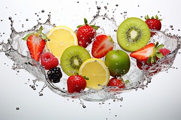 Fresh multi fruits and healthy vegetables food diet freshness and cocktail drinks, summer beverage concept with ice water drop splash background