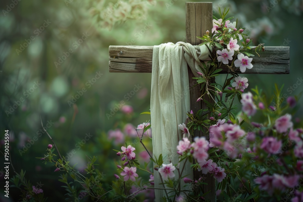 Wall mural A rustic wooden cross with a white cloth draped over it, set against a backdrop of vibrant pink flowers symbolizing renewal and Easter