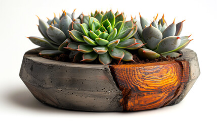 Succulent plant on wooden pot isolated on a white background