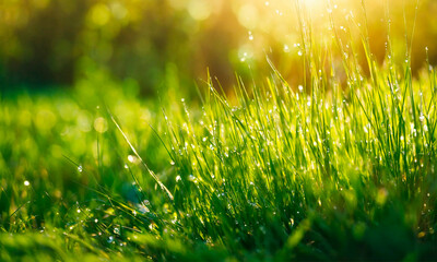 Obraz premium dew on the grass rays of the sun. Selective focus.