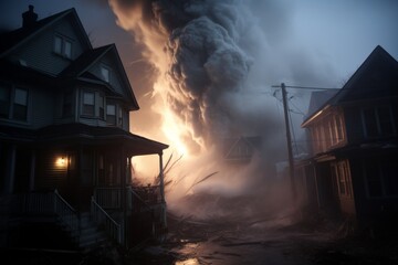 Firefighters Brave Intense Inferno Consuming Two Homes, Heroically Risking Lives to Rescue Neighborhood in Distress and Displaying Unwavering Courage in the Face of Danger. - obrazy, fototapety, plakaty