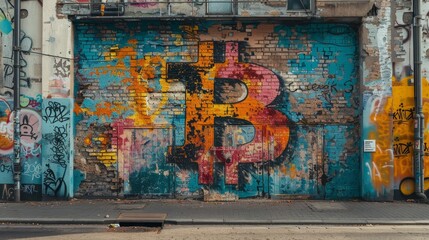 A vibrant and colorful graffiti of the Bitcoin symbol on a brick wall, blending urban street art with the concept of digital currency.