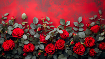 Red roses on a red background with copy space.