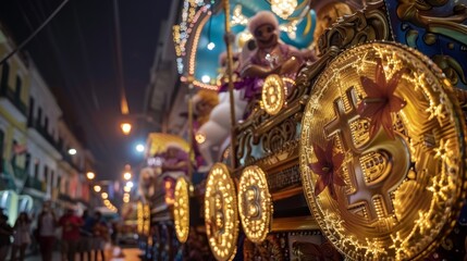 A night-time carnival scene captures a lavish float decorated with brightly lit Bitcoin symbols, merging festive traditions with modern cryptocurrency.