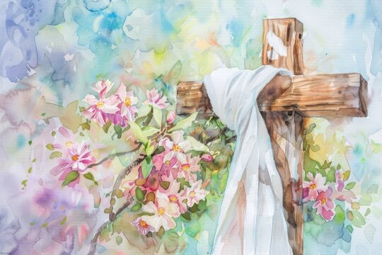 Artistic watercolor illustration of a wooden cross adorned with pink flowers and a white cloth, symbolizing Easter and renewal..