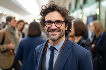 Fototapeta premium Portrait of a young businessman smiling confidently in a busy city street with blurred background of diverse pedestrians, symbolizing success, leadership, and urban lifestyle.