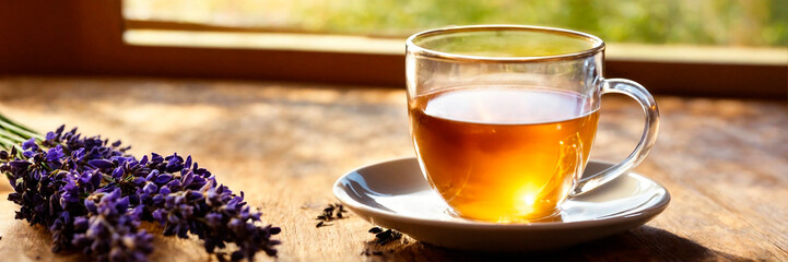 a cup of tea against the backdrop of a lavender field. Selective focus.