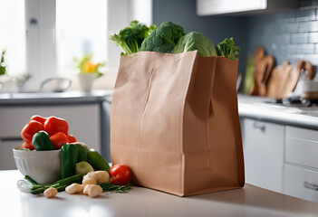 Eco bag with healthy products, vegetables, fruits, herbs on the table in the kitchen. Healthy eating concept