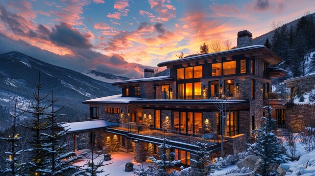 An opulent mountain home with illuminated windows warmly contrasts the snowy landscape during a breathtaking sunset.