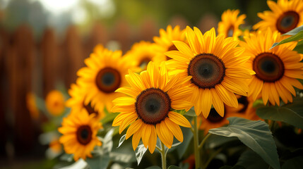 Yellow sunflowers in the garden with bokeh background