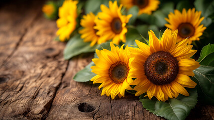 Yellow sunflowers on a wooden background