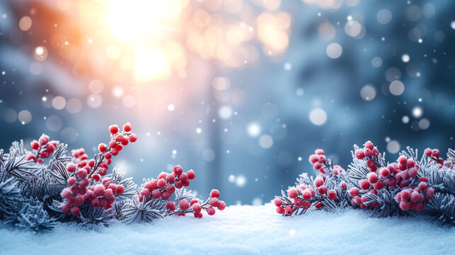 Christmas Winter Bokeh Background. Red Berries In The Snow.