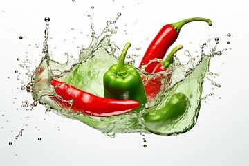 Fresh green red chili or organic vegetable with falling water drop splash on white background