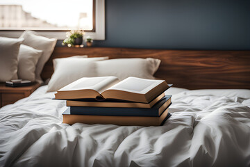 Fototapeta na wymiar stack of books lying on a bed