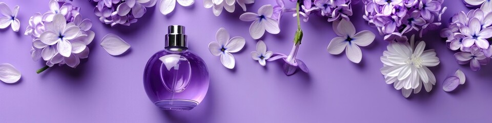 Fragrant Elegance Perfume Bottle Adorned with Purple and White Flowers Against a Violet Background