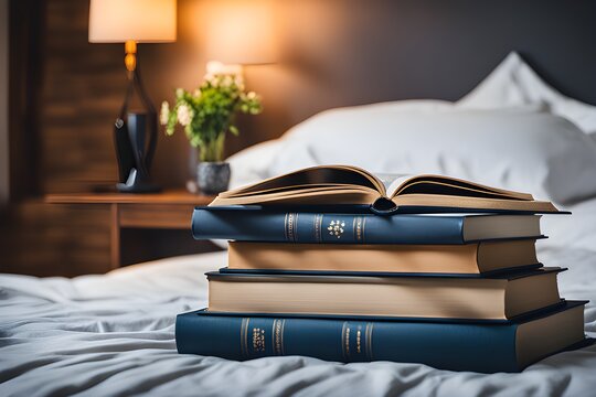 stack of books lying on a bed
