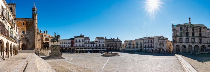 Panoramic view of the large main square of the medieval city of Trujillo in Caceres, Spain.