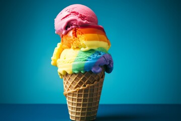 A colorful rainbow ice cream cone with three melting scoops of rainbow sherbet, set against a bright blue background, creating a tempting treat ideal for enjoying on hot summer days.