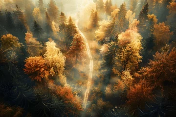 Papier Peint photo autocollant Route en forêt Autumn Forest Road with Yellow Leaves Background