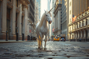 Unicorn startup concept, IPO, a Unicorn on  Wallstreet  - obrazy, fototapety, plakaty