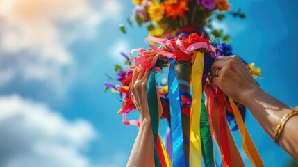 A close-up of hands intricately weaving colorful ribbons around a maypole, capturing the textures and vibrant colors of the ribbons against the backdrop of a sunny, festive day
