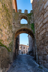 Fototapeta premium Narrow picturesque alley with stone arch and medieval architecture, Trujillo, Extremadura