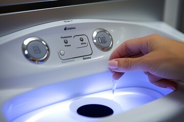 Womans hand using a touchless faucet with blue light to wash her hands in a modern public restroom with a large mirror above the sink and three buttons for temperature settings