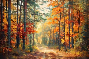  Autumn Forest Road with Yellow Leaves Background © Sri