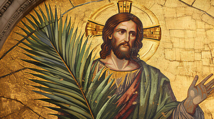 palm sunday background christianity celebration, Christian Palm Sunday with palm branches and leaves and cross - obrazy, fototapety, plakaty