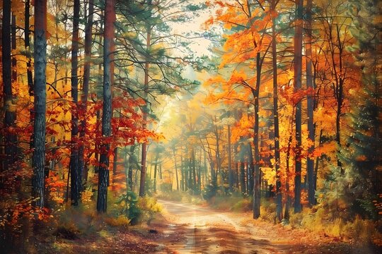 Autumn Forest Road with Yellow Leaves Background