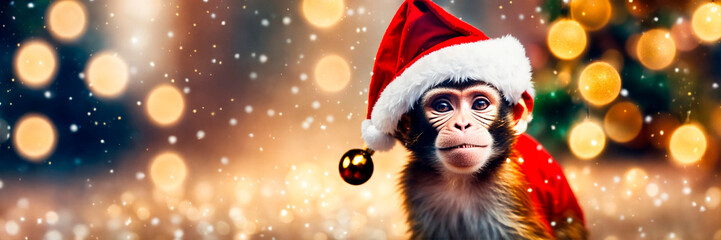 monkey in a santa go monkey hat. Selective focus. - obrazy, fototapety, plakaty