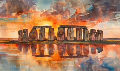 Watercolor Stonehenge at sunset in England - obrazy, fototapety, plakaty